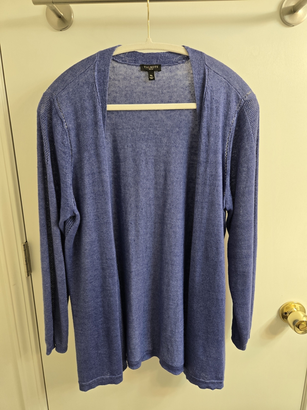 Talbots 100% Linen Open Front Pointelle Knit Cardigan Sweater Blue Petite Medium